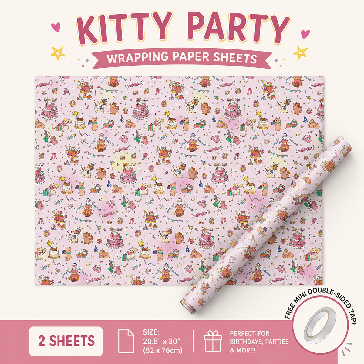 Kitty Party Wrapping Paper Sheet 20.5" × 30"