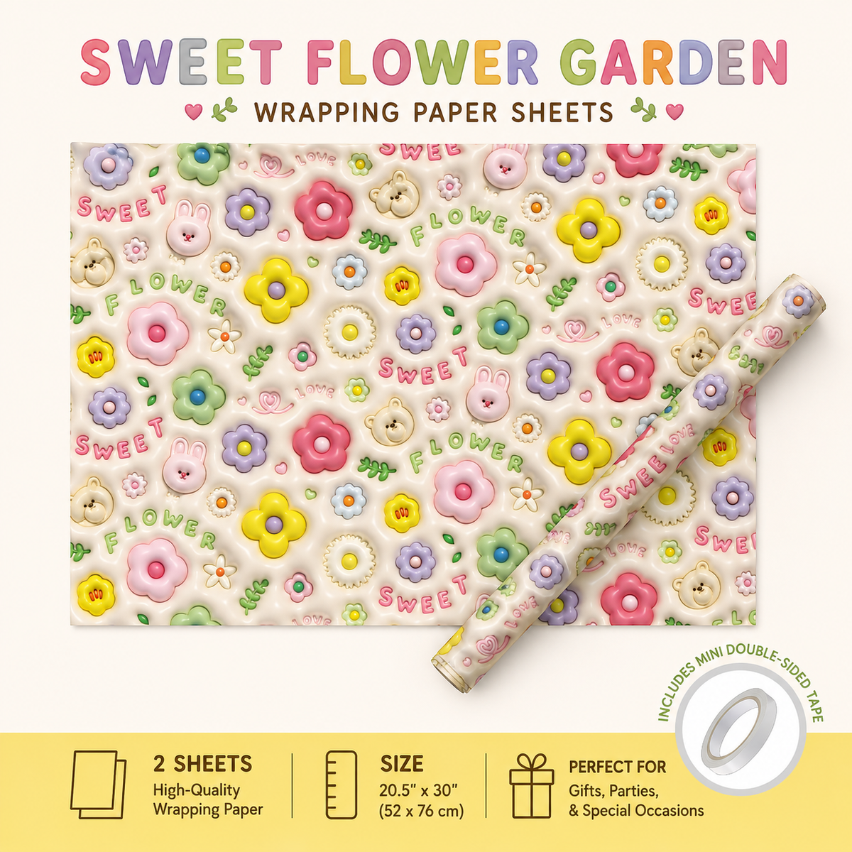 Sweet Flower Wrapping Paper Sheet 20.5" × 30"
